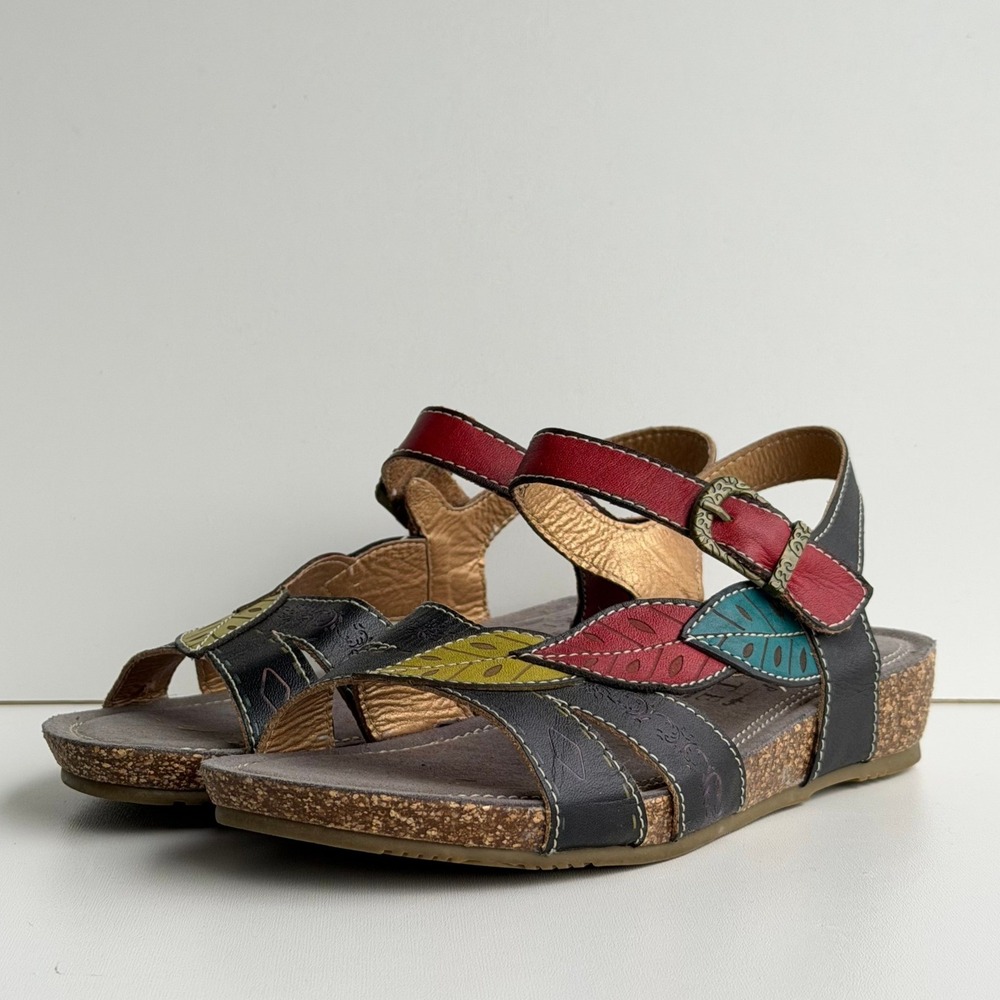 L'Artiste Kukonda Sandal Womens 37 Multi-Color Leather Boho Leaf Wedge Cork Sole
